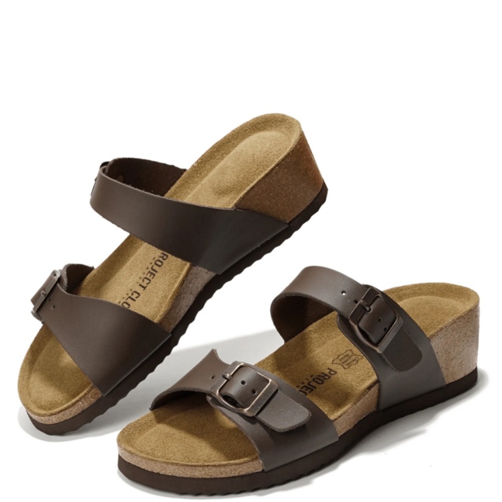 Brown Leather double strap and buckle sandals with comfortable wedge cork sole
